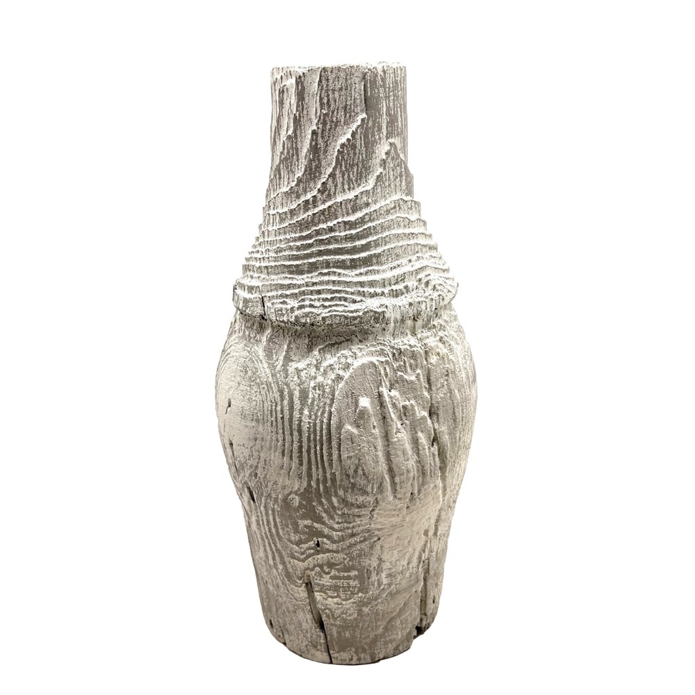 Wooden Large Vase White Wash Rustic Cottage Decor 34cm L